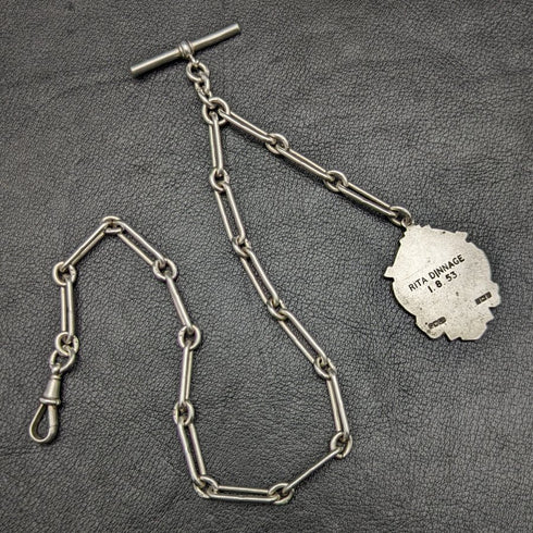 Around 1920 British Antique Pure Silver (925 Silver) Albert Chain 37g Medal Fob